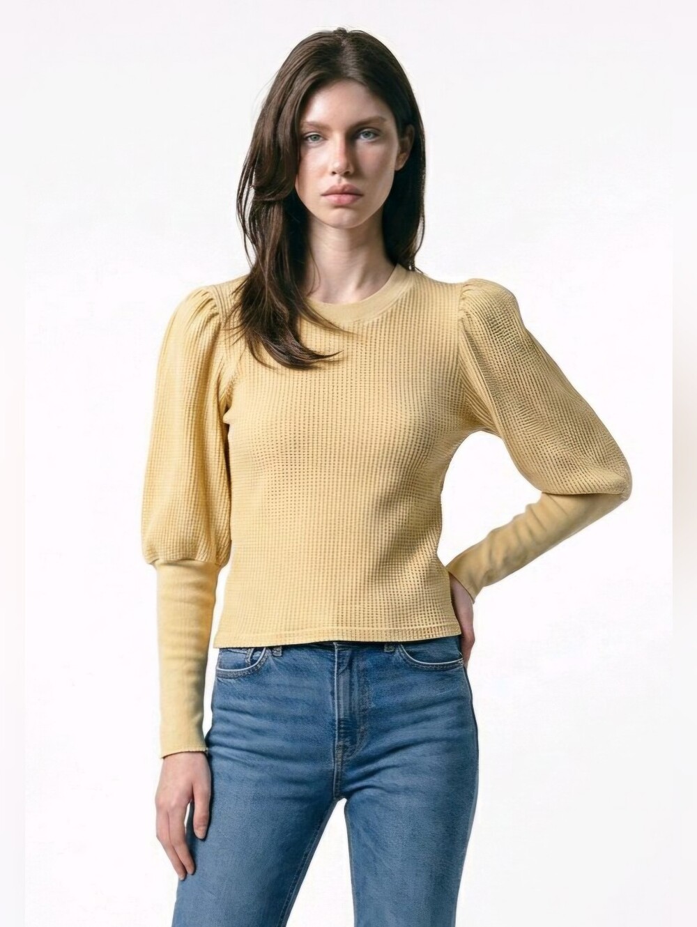 FREE PEOPLE "FP One" Waffle Knit Top with Ruched Cuffs